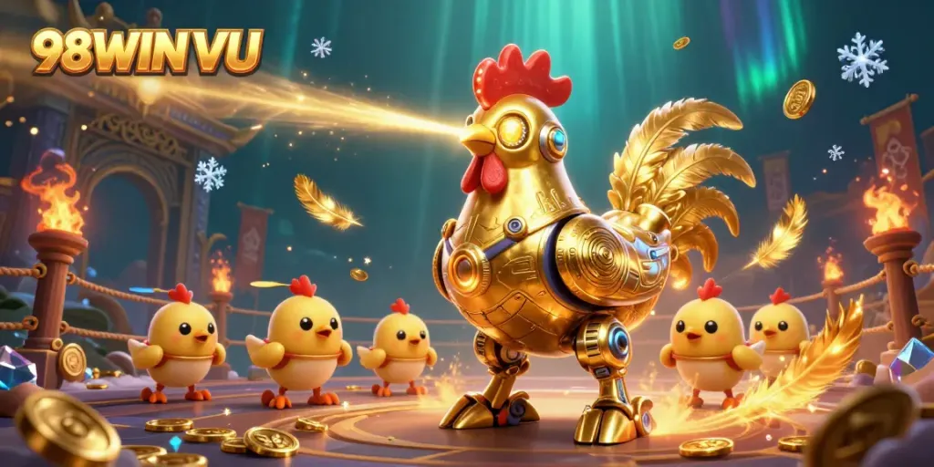 Engage with dynamic action at 98WIN VU featuring a golden rooster robot and baby chick drones in a colorful casino scene.