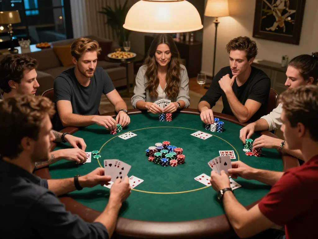 Pucuk138 players enjoying a thrilling poker night at home, showcasing camaraderie and strategic gameplay.