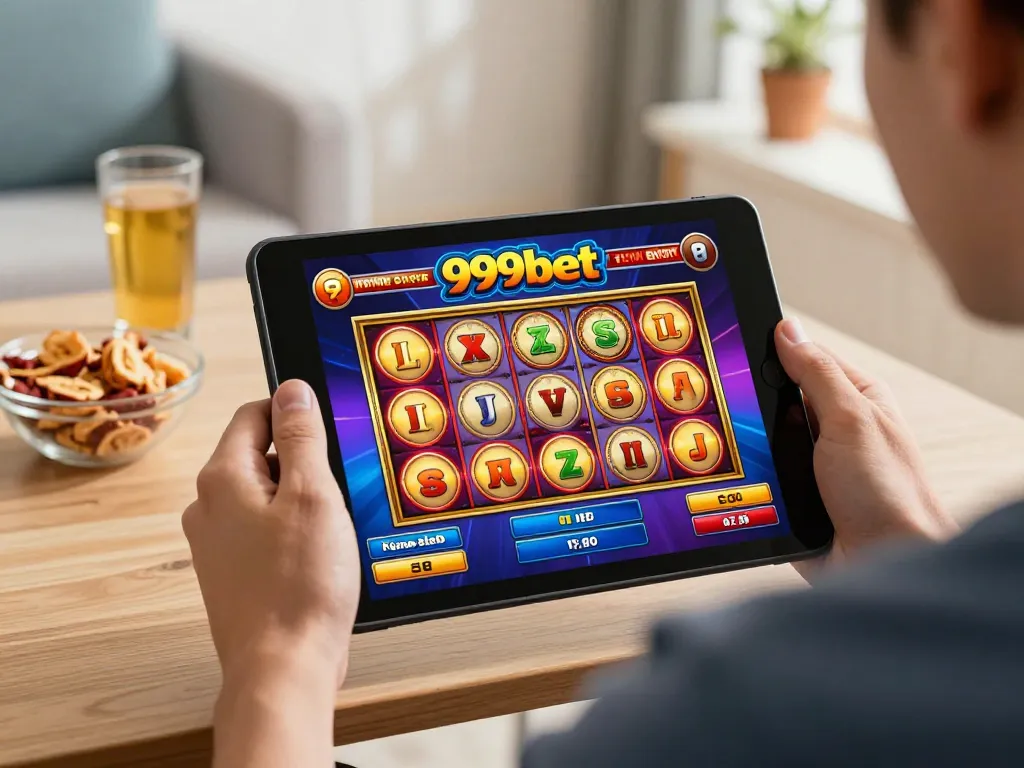 Player enjoying online slots on 999bet platform from a cozy home setting with snacks.