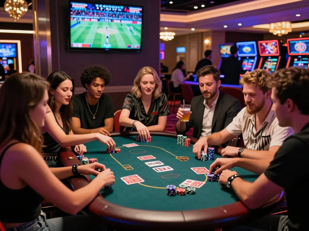 Group enjoying a lively poker game at a casino highlighting rikbet's thrilling gambling experience.