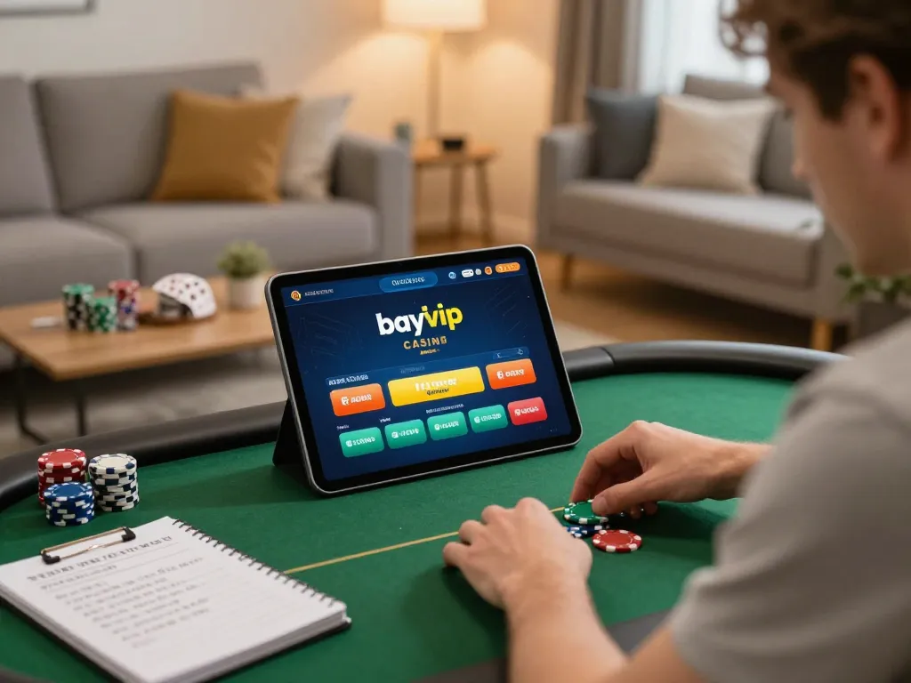 Player strategizing poker bets on the bayvip app in a cozy living room