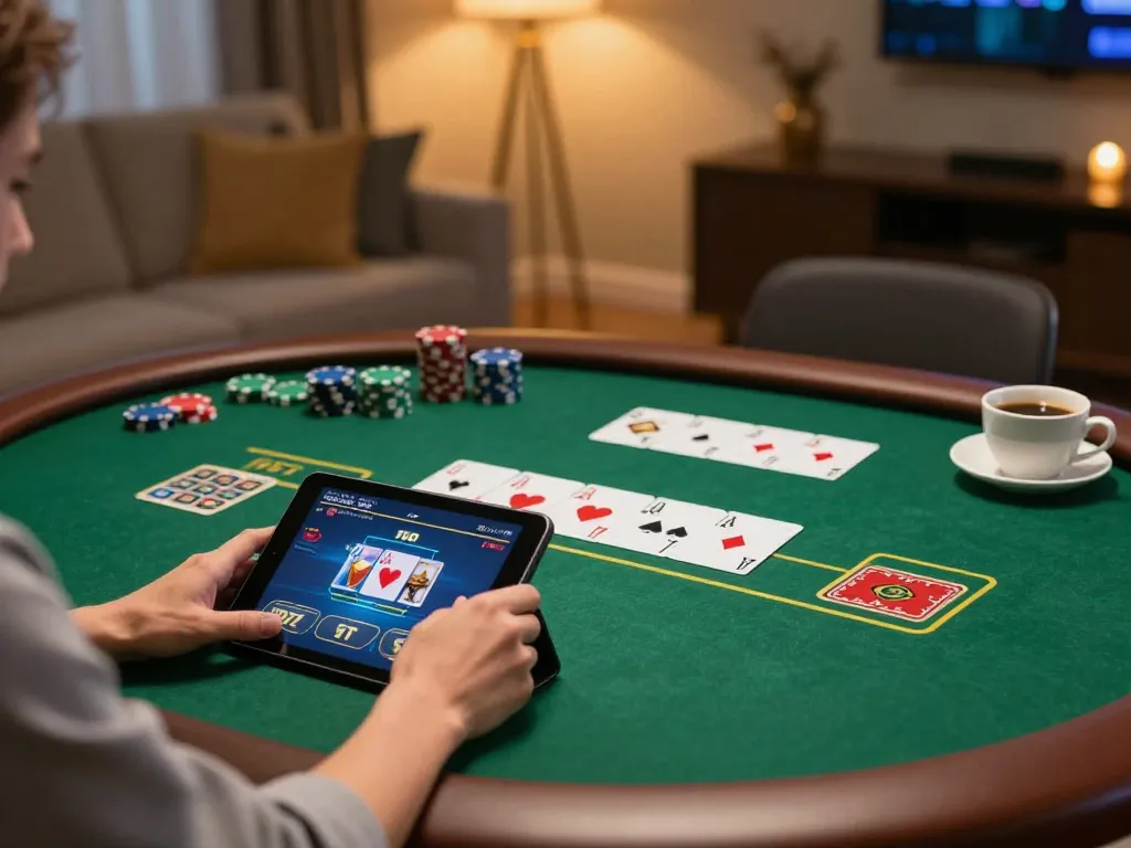 33win player strategizing in a cozy home environment while enjoying online poker.
