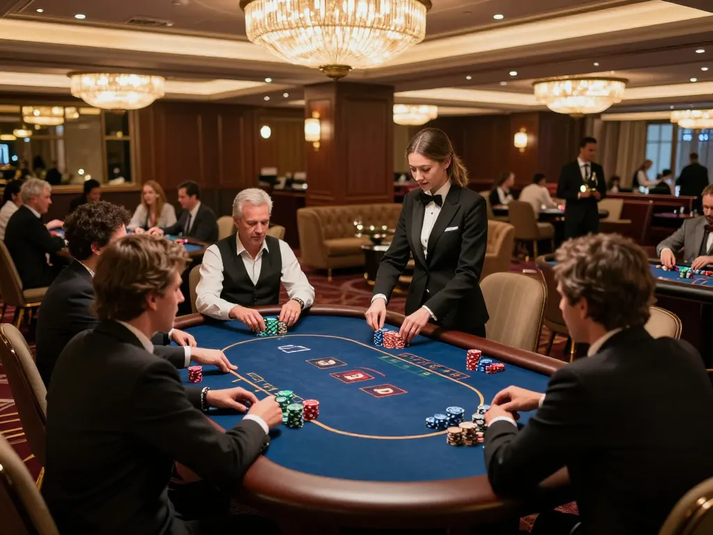 Players enjoy high-stakes poker in an upscale environment at nhà cái jun88, featuring elegant decor and lively atmosphere.