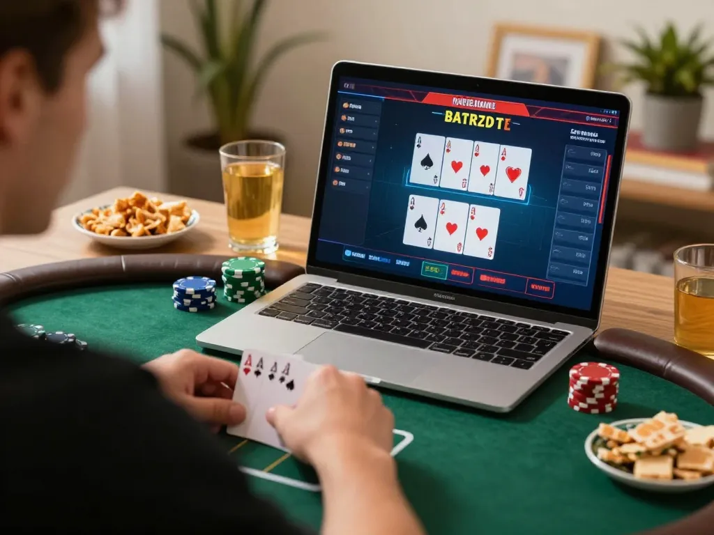 Player engaging in an online poker game at home using lucky88a platform, showcasing strategy and excitement.