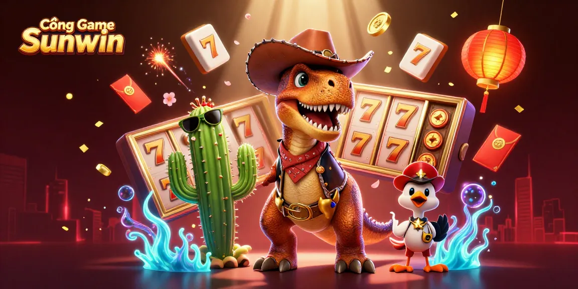 Cổng Game Sunwin showcases vibrant 3D slot game action with a cowboy dinosaur and dynamic elements.