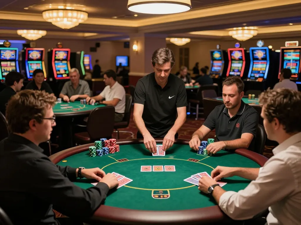 ONBET players engaged in exciting poker game surrounded by vibrant casino atmosphere