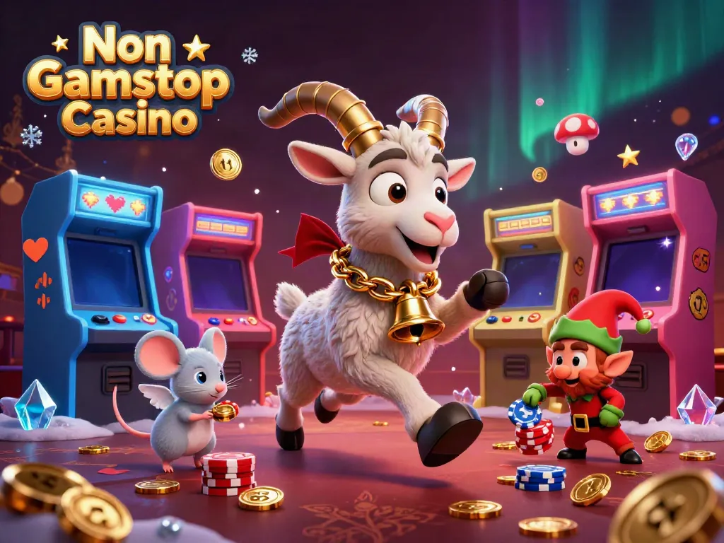 Experience the thrills of Non Gamstop Casino with festive characters in a vibrant casino scene.