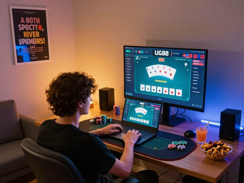 Engaged player using the ug88 app for an exciting online poker game with vibrant surroundings.