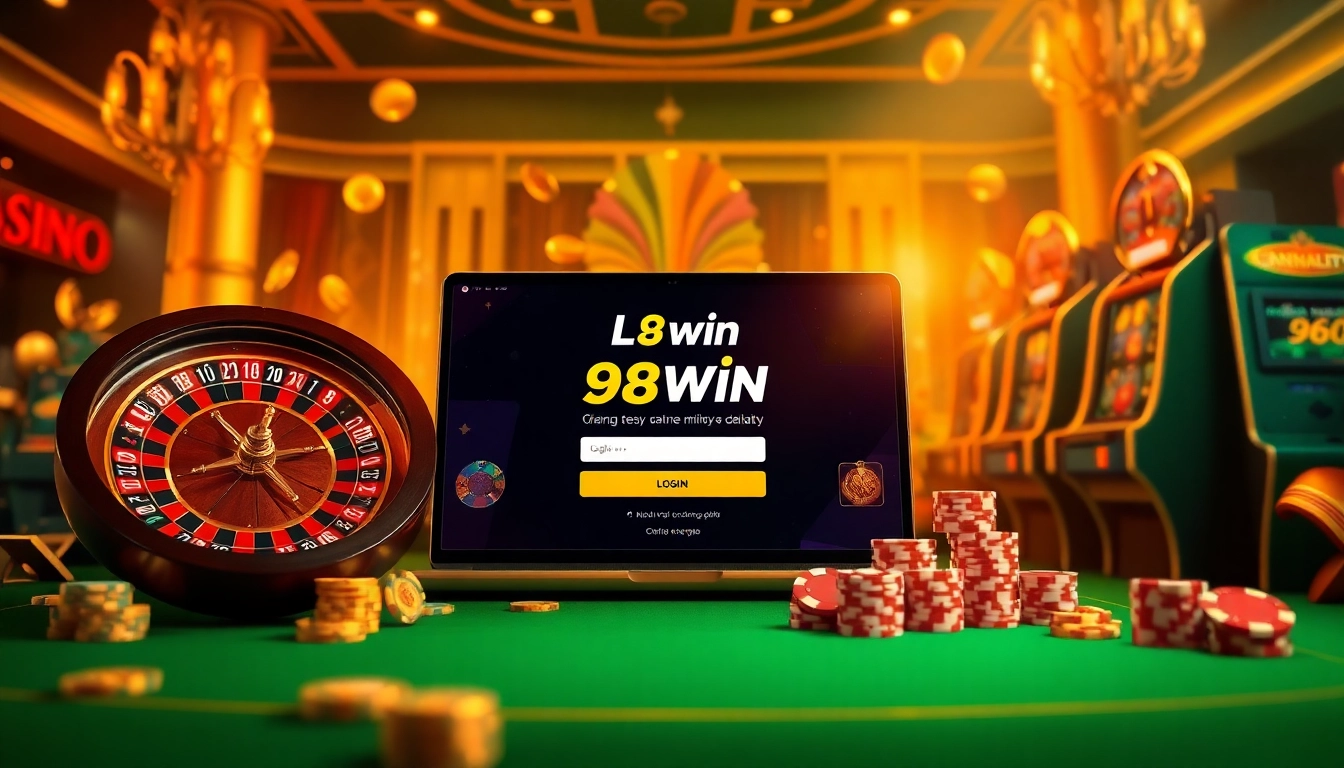 Engaging scene of Đăng nhập 98win, showcasing an online casino with roulette, poker chips, and elegant gaming interface.