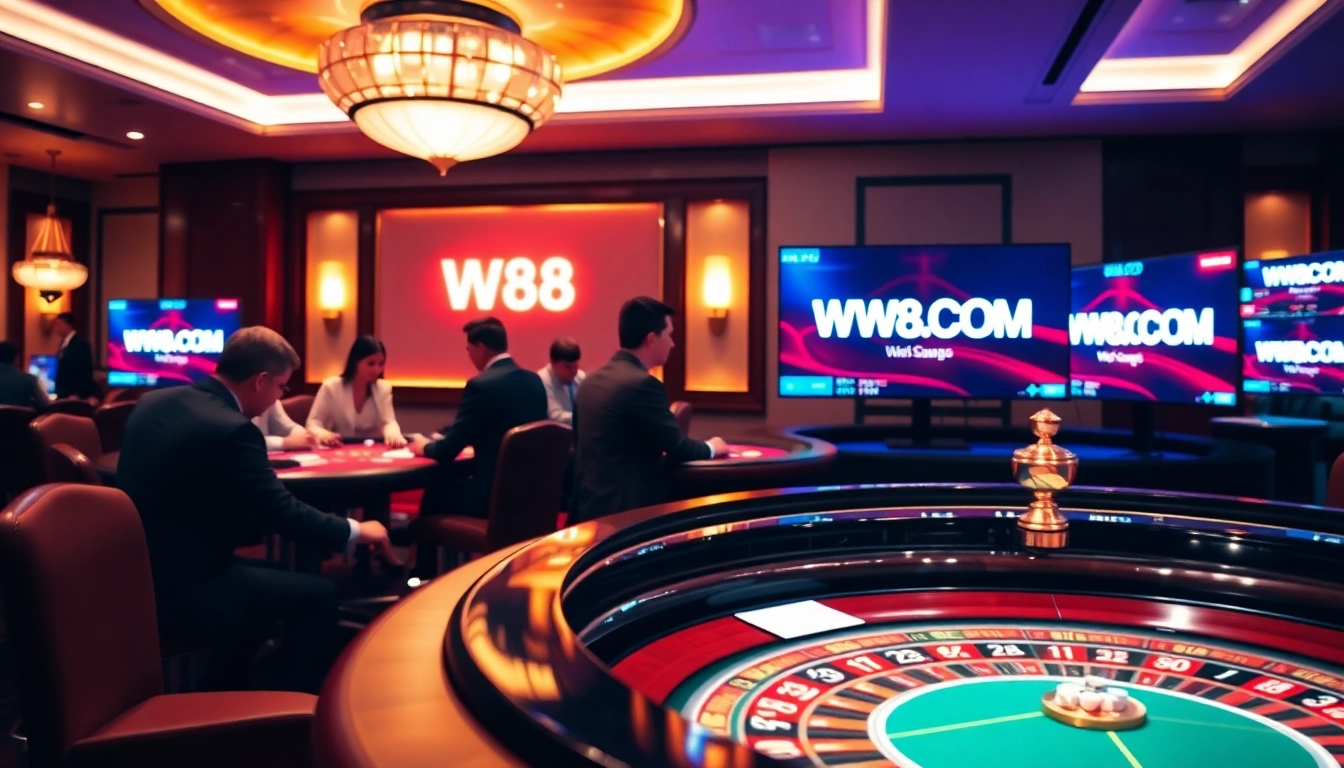 Players engaged in Baccarat at WW88.COM with vibrant casino elements, chips, and cards.