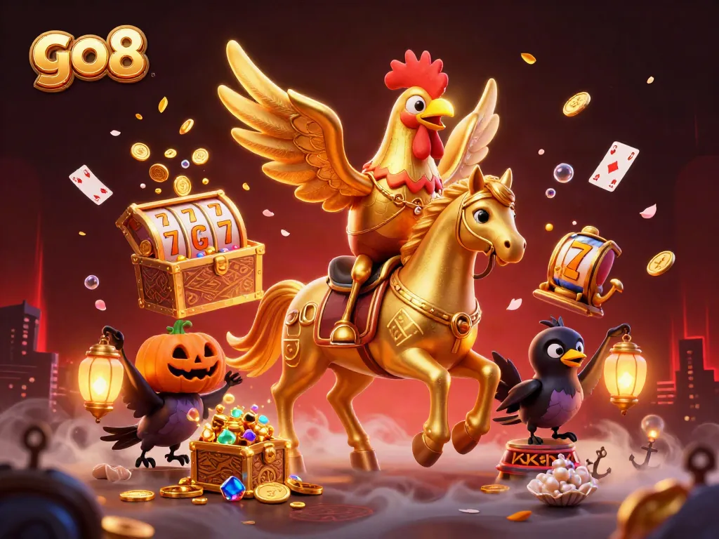 Experience the go8 thrill with golden rooster gaming through a vibrant midnight casino scene.