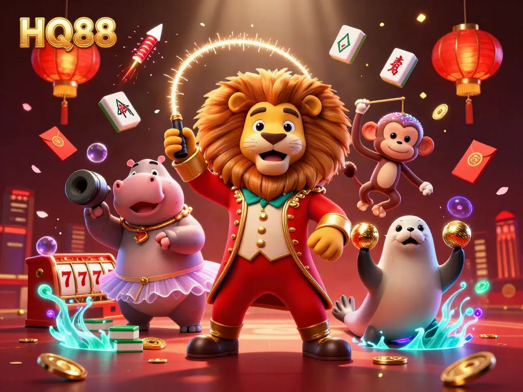 Experience exciting gameplay at HQ88 with a vibrant casino scene featuring animated characters.