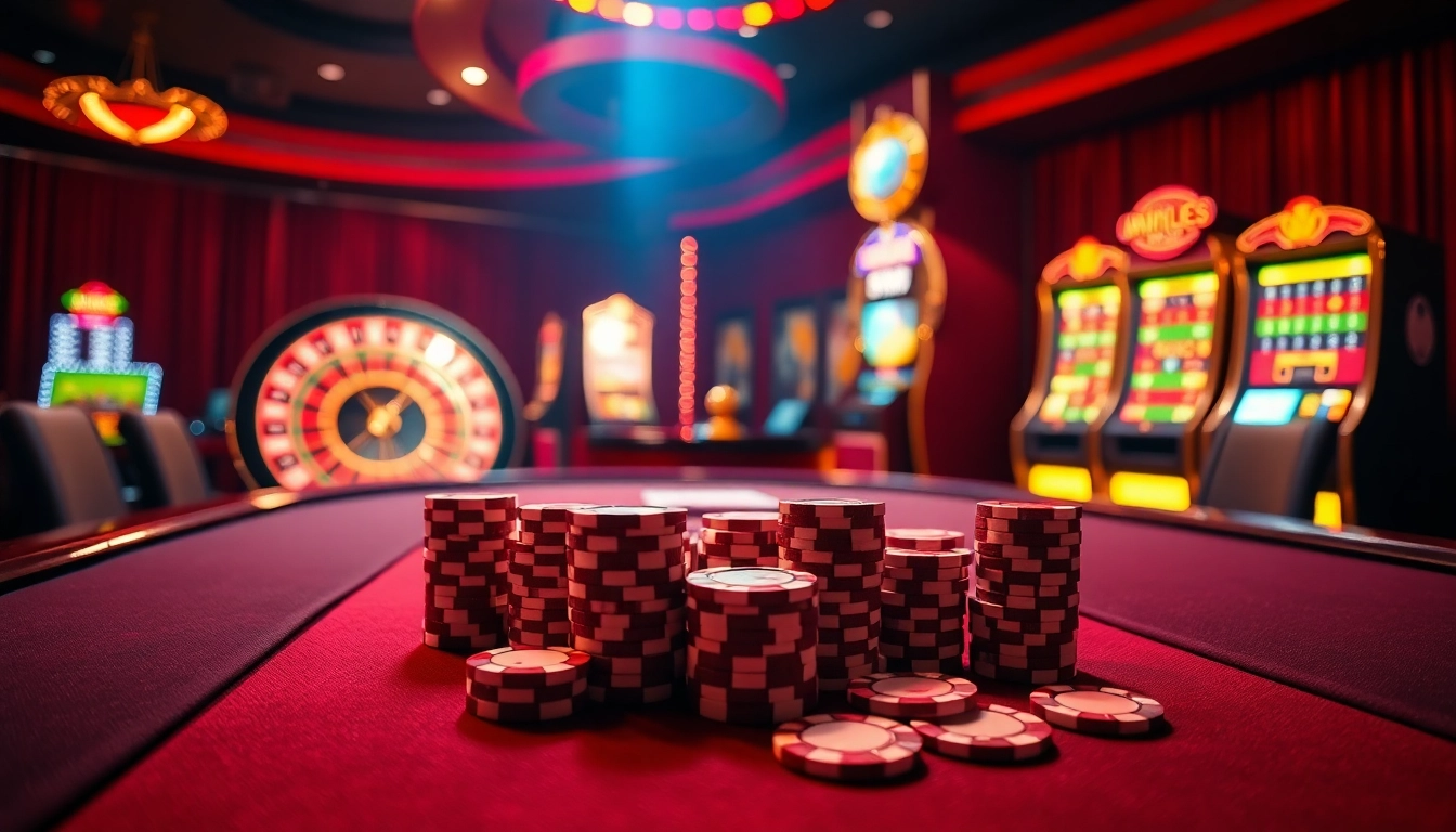 Gambling excitement at https://mm88.agency/ with a vibrant poker table and roulette wheel.
