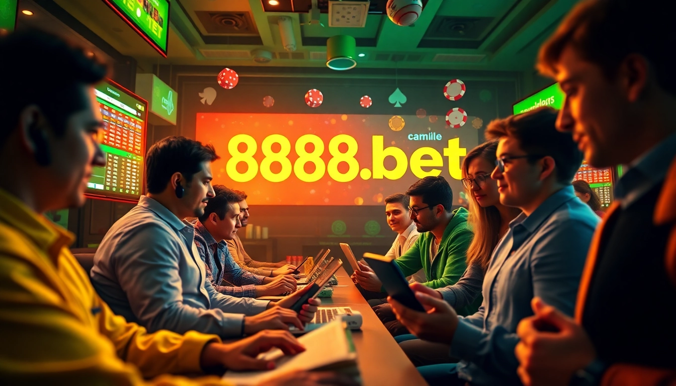 Engaging scene of players interacting with 888b.bet online gambling platform, showcasing excitement and trust.