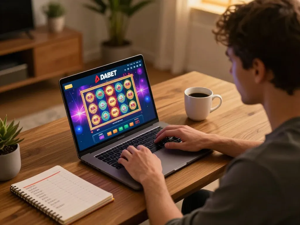 DABET engaging online casino gaming experience at home with a cozy setup and betting strategy notes.