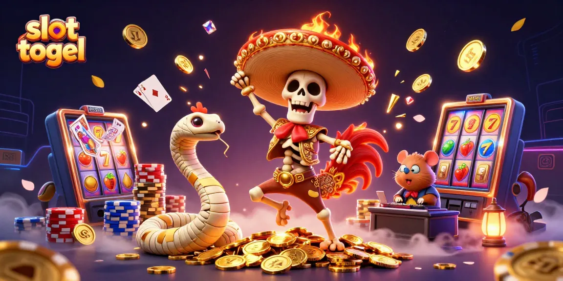 Experience the excitement of slot togel with a vibrant 3D cartoon casino scene featuring a dancing mariachi rooster and more.