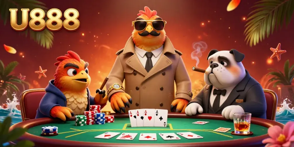Engage with U888 as raptors in disguise joke their way into a casino lounge filled with vibrant poker elements.