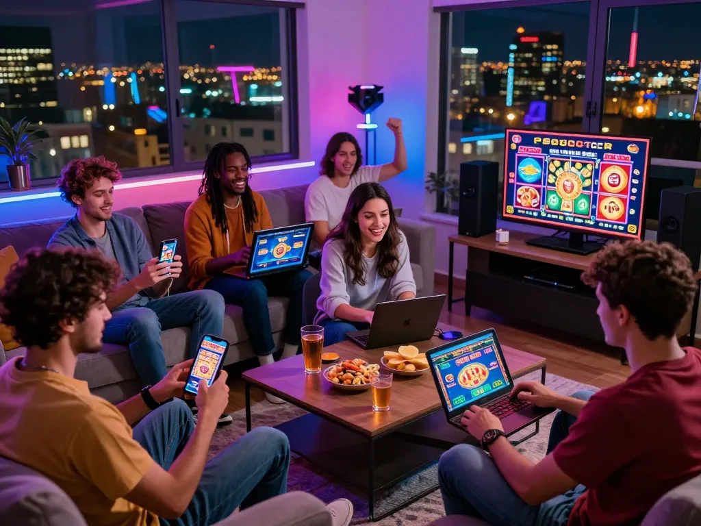 Exciting tg88 online gaming experience with players on various devices in a modern living room.