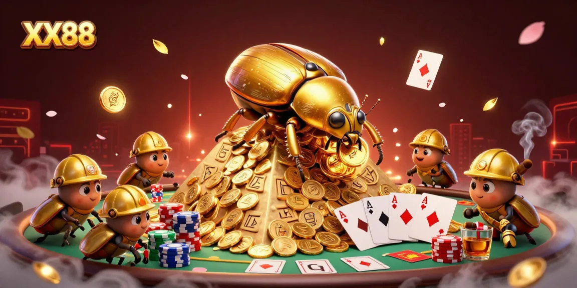 Engage in winning strategies with XX 88, featuring vibrant 3D casino elements and golden beetles.