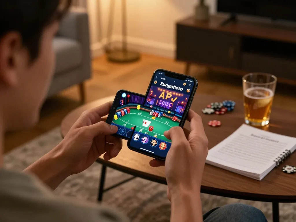 Engaging gameplay with apk sungaitoto on smartphone in cozy home setting, showcasing online gambling.