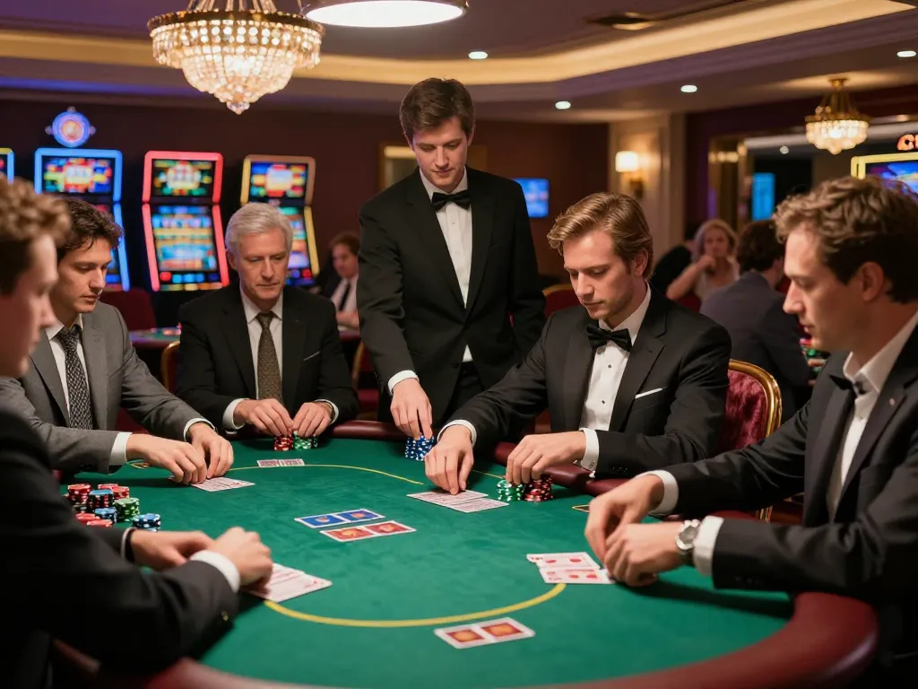 Players engage in a high-stakes poker game at Go8 casino, showcasing tension and strategy in luxurious surroundings.