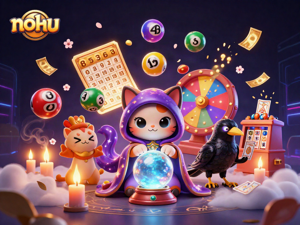Nohu unleashes vibrant excitement with a mystical cat and raven in a dynamic casino scene