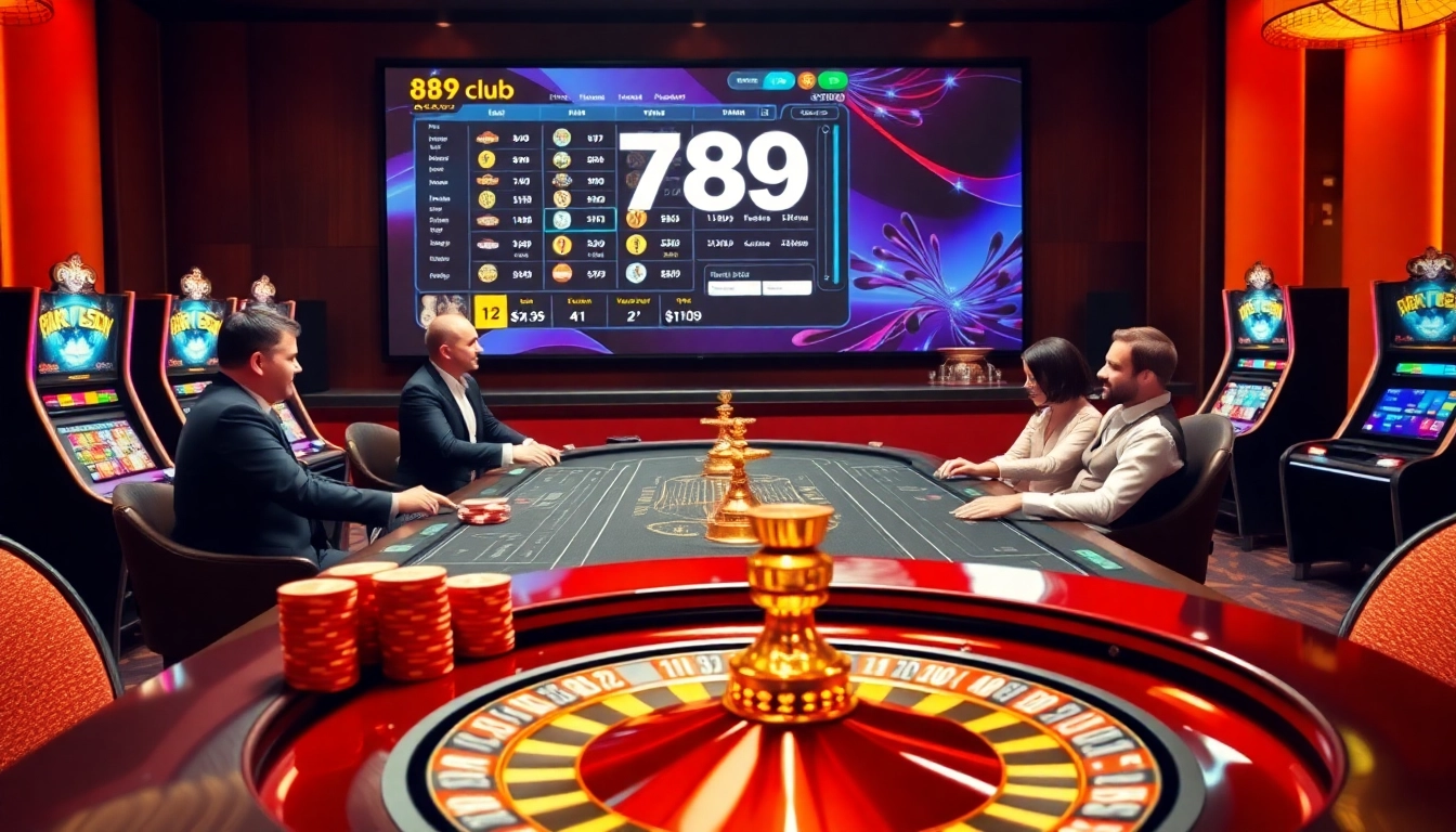 Engaging scene of a casino table at 789 club featuring vibrant slot machines and a roulette wheel.