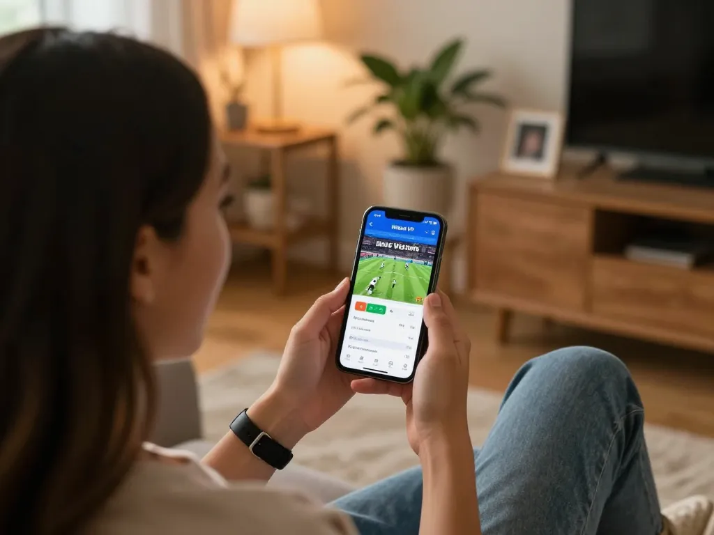 Engaging with the Winbd VIP app for sports betting in a cozy home setting.