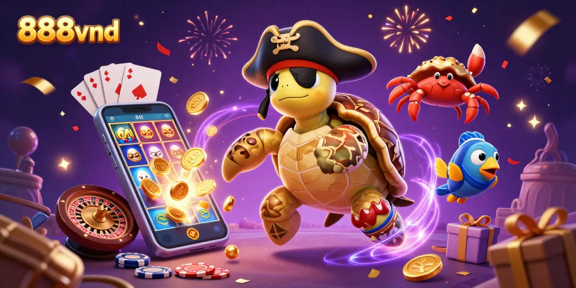 Experience the thrilling excitement of 888vnd with a pirate turtle and vibrant gaming elements.