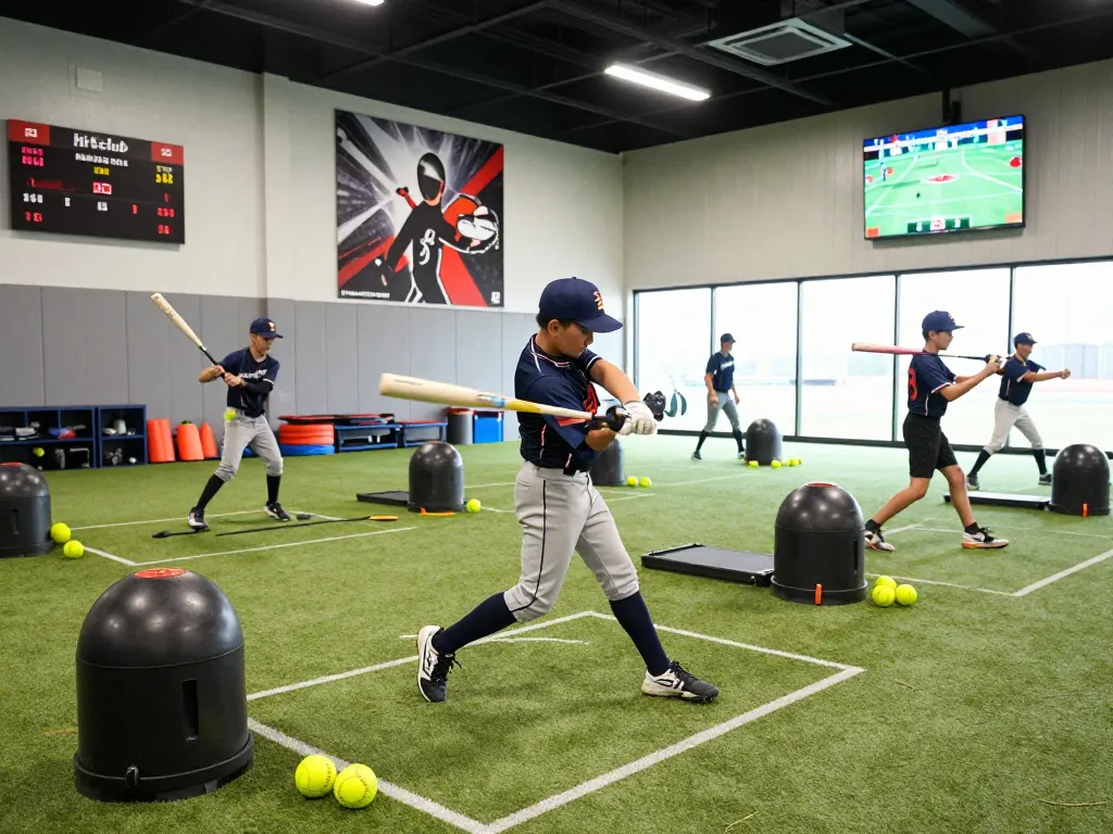 Young athlete practicing at hitclub training facility with baseball equipment.