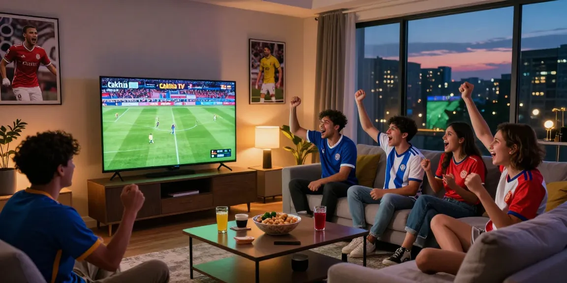 Cakhia TV live football streaming scene with friends cheering at home.