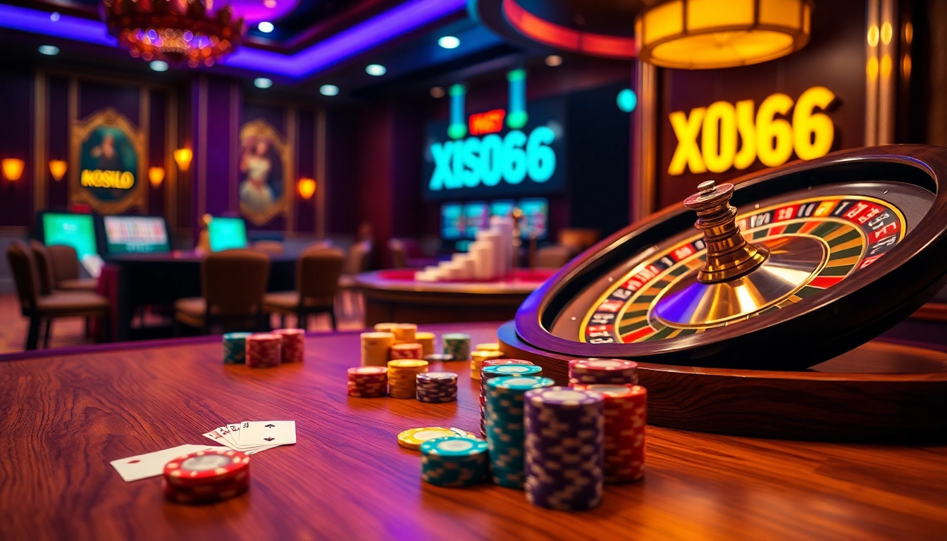 XOSO66 players enjoying a stylish casino atmosphere with poker chips and roulette games.