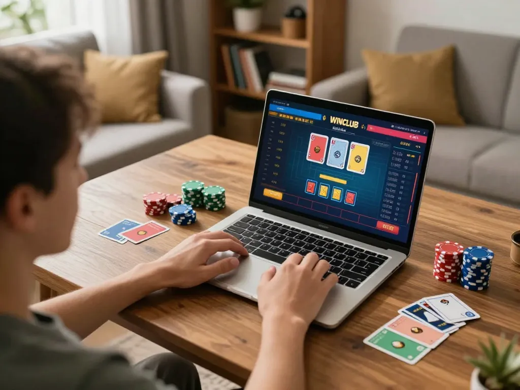 IWINCLUB player engaged in strategic gameplay on laptop in cozy living room setting