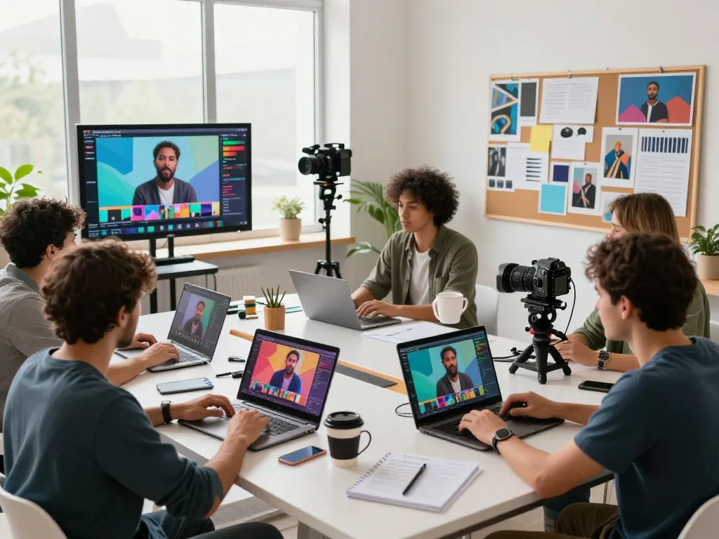 Dynamic video creation workspace utilizing ai seedance 2.0, featuring diverse professionals collaborating on vibrant AI-generated videos.
