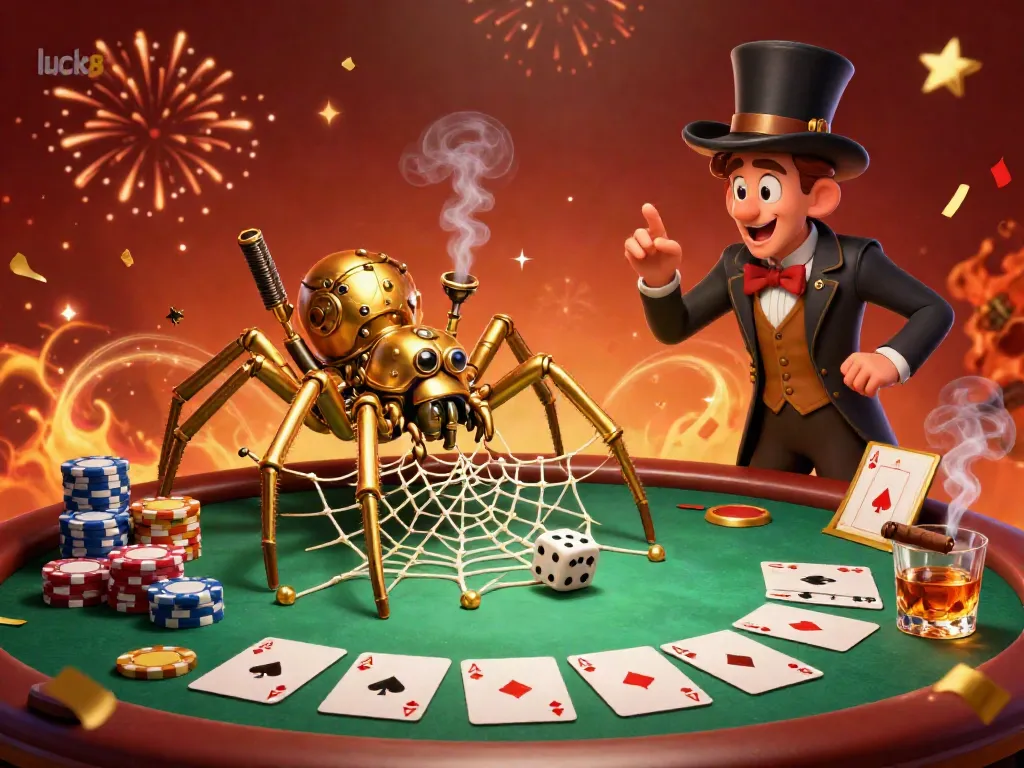 Experience luck8 at the poker table with a unique steampunk spider web capturing dice and cards.