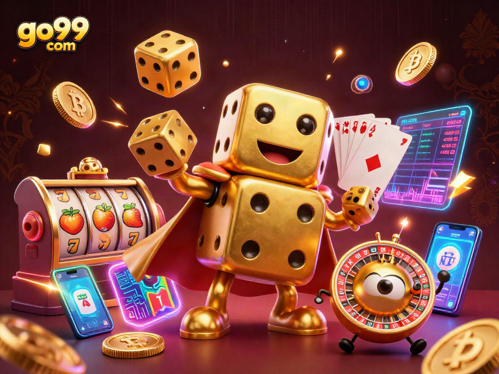 Experience thrilling games at go99 com with vibrant slot reels and golden dice golem action!