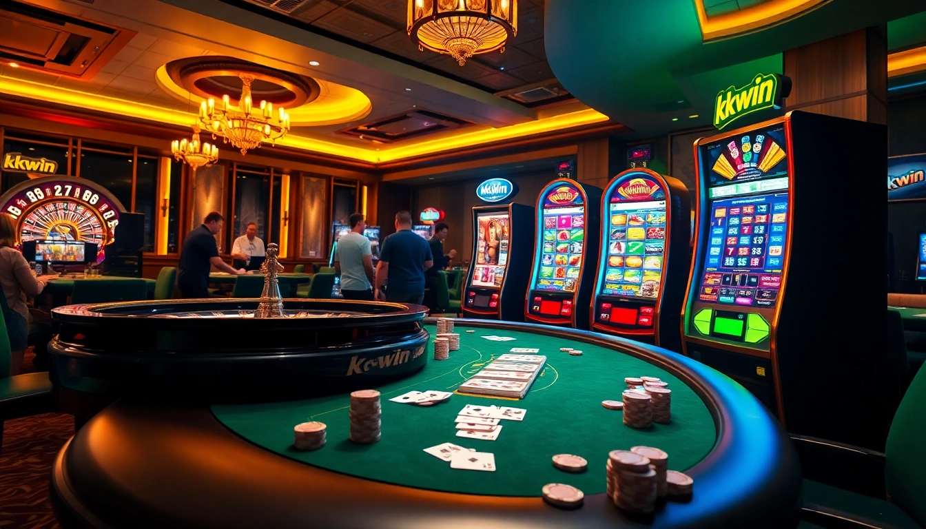 Players enjoying kkwin casino games with vibrant cards and chips in a lively atmosphere.