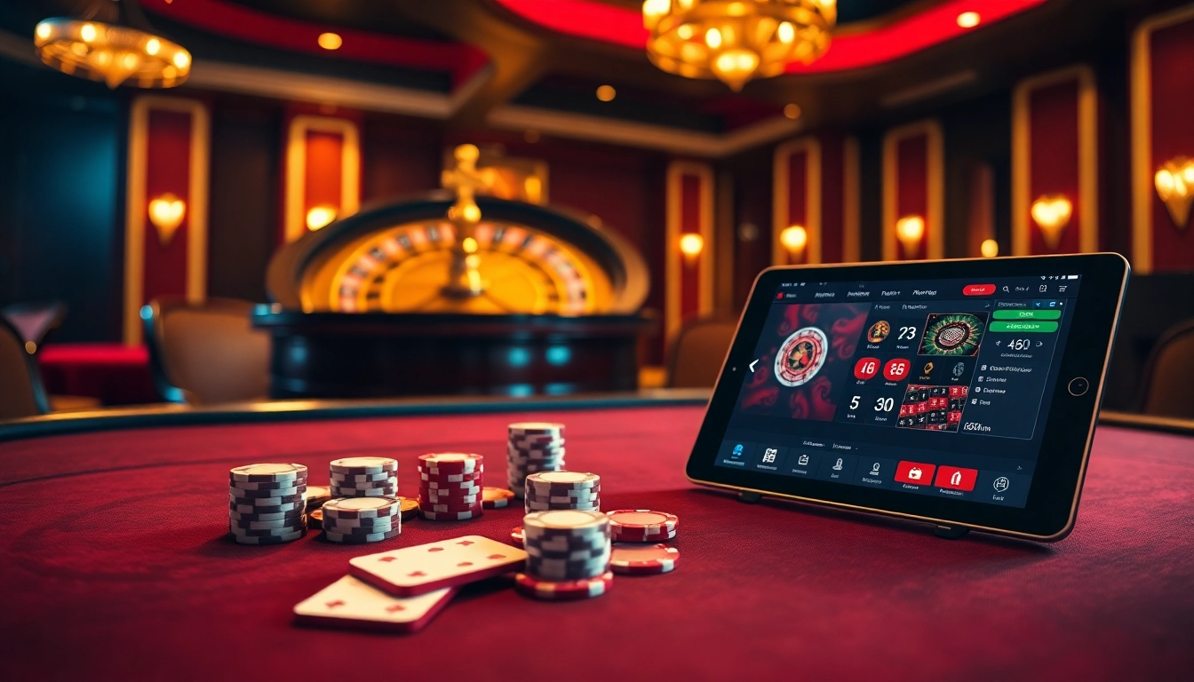 Engaging gambling atmosphere featuring 58WIN, a luxurious poker table, roulette wheel, and online betting interface.