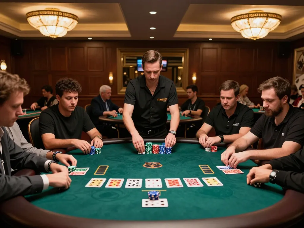 Engaged players at HITCLUB poker table strategizing their next move in a luxury casino setting
