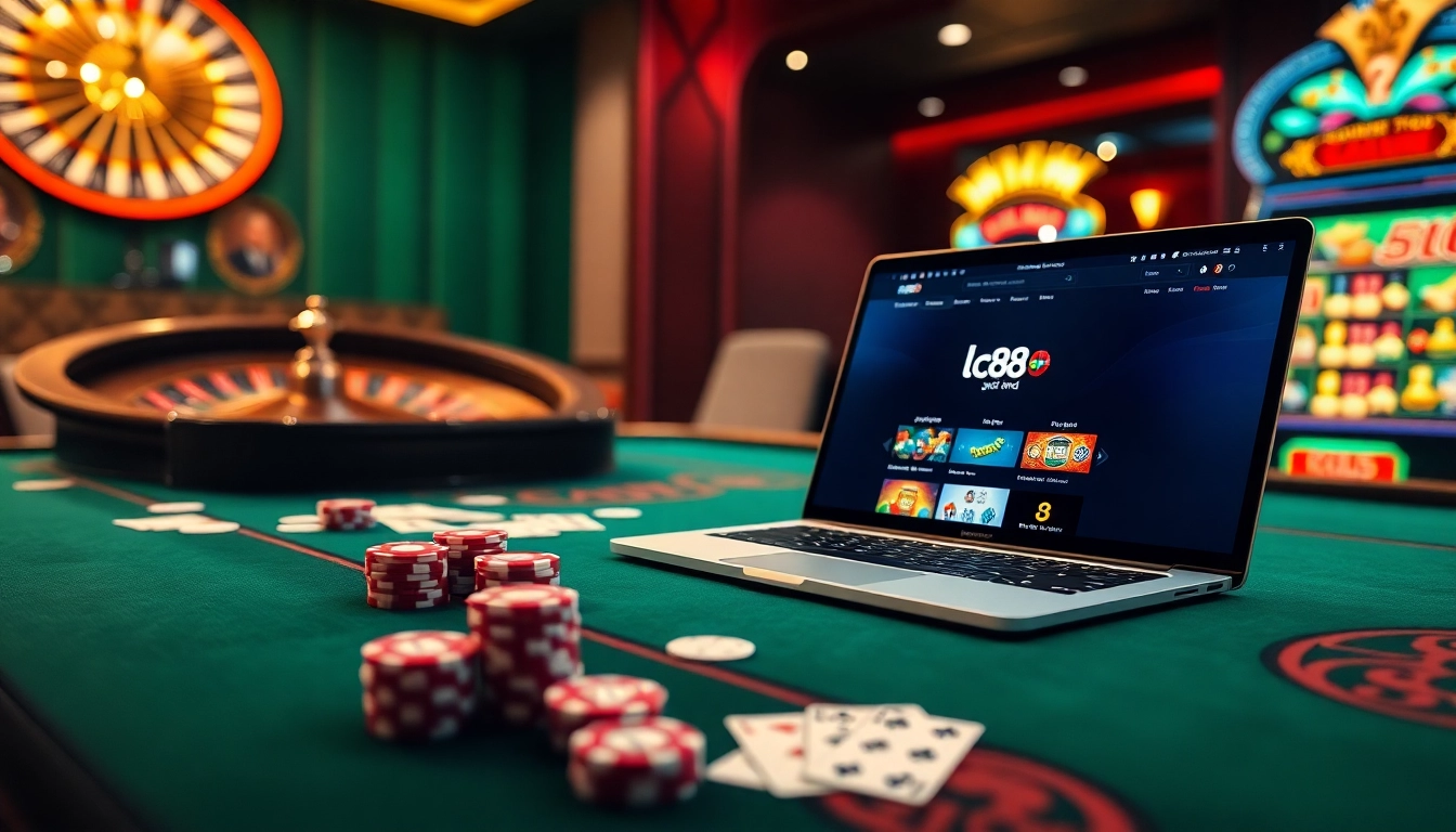 Gambling excitement unfolds at lc88.band with poker chips and roulette wheel.