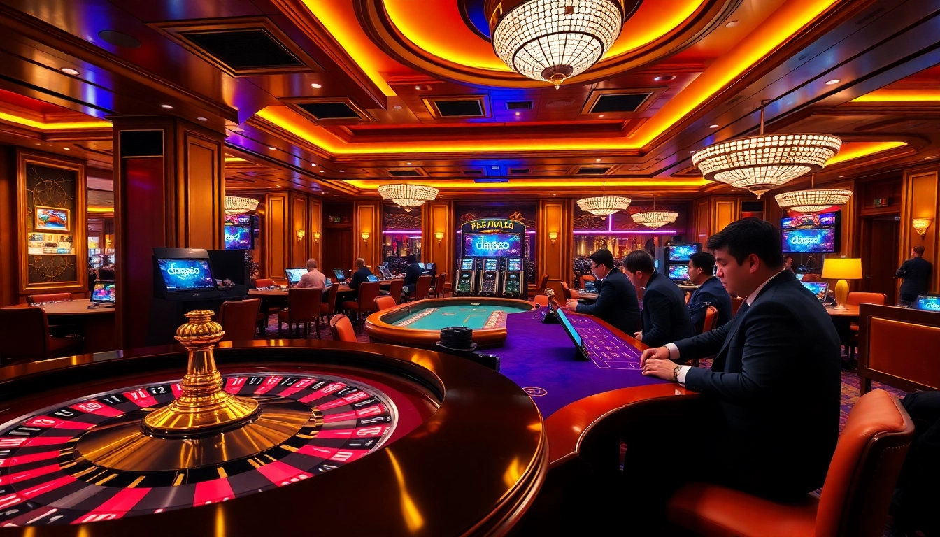 A stunning casino scene highlighting players at dagaz.com.co engaging at tables with poker chips and roulette.