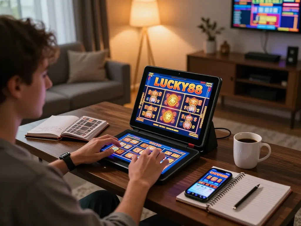 Engaging gameplay on LUCKY88 slot machine as person plays on tablet at home, showcasing responsible gaming.