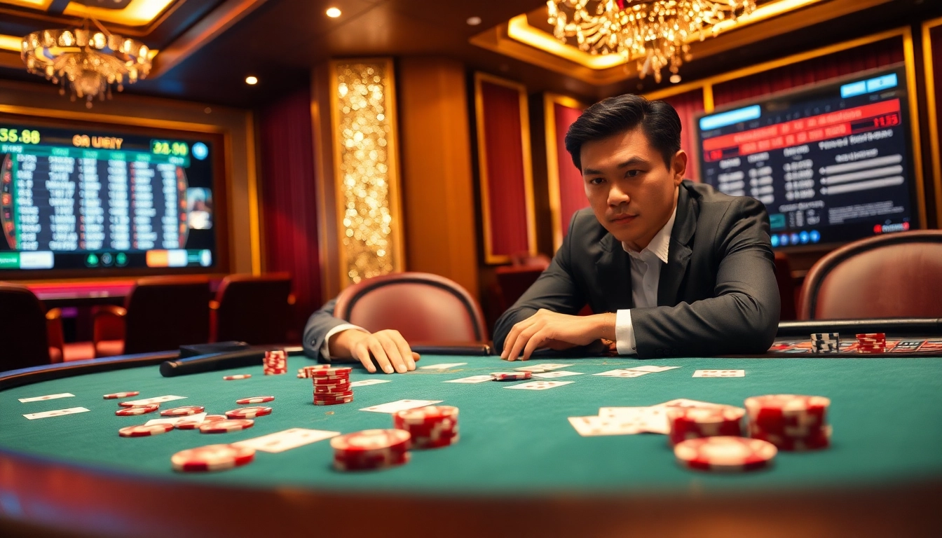 Exciting gaming action at xin88 with colorful poker chips and cards on a luxurious casino table.