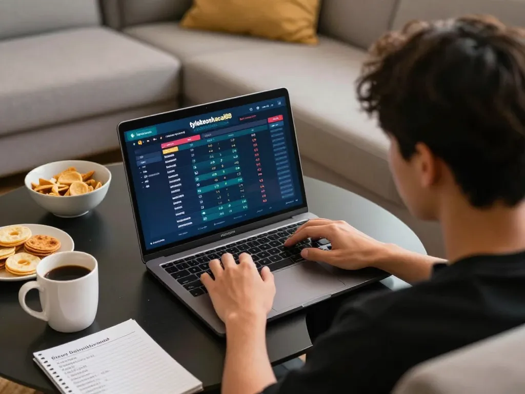 Engaging in online betting through tylekeonhacai88, showcasing a comfortable home gaming setup.