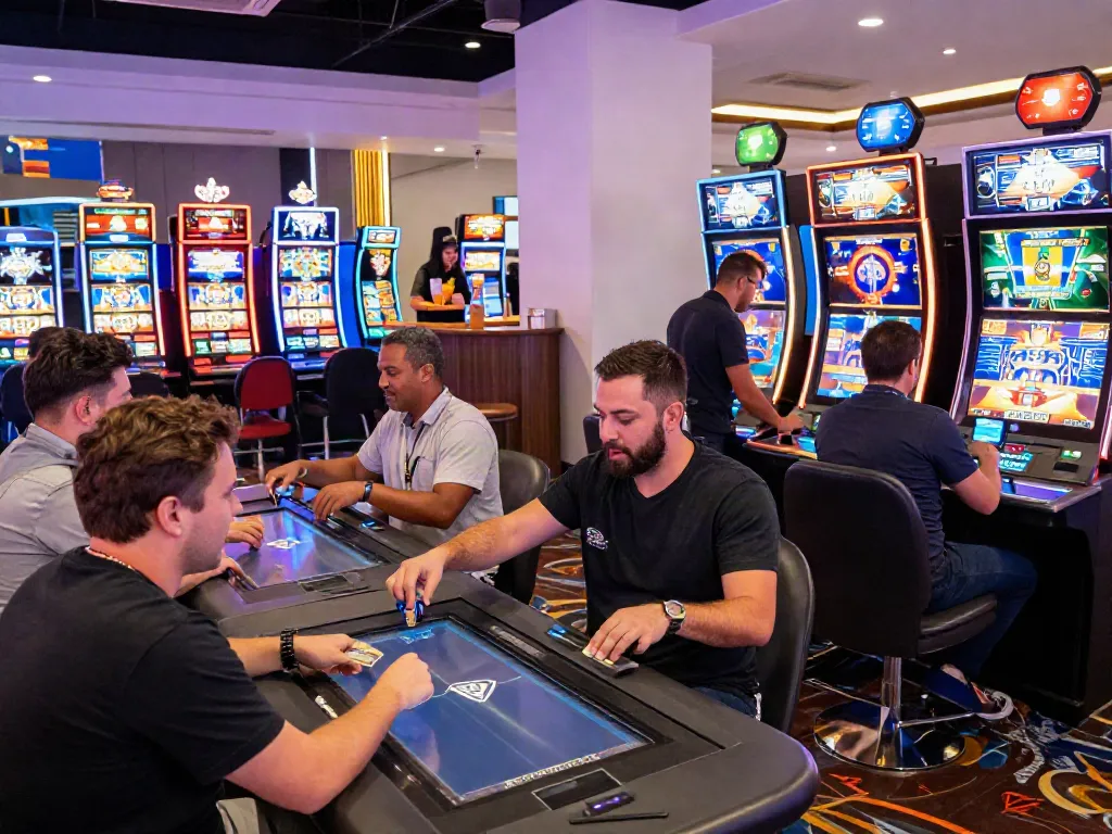 Engaging scene of players enjoying credit card casinos with lively gaming tables and digital interfaces.