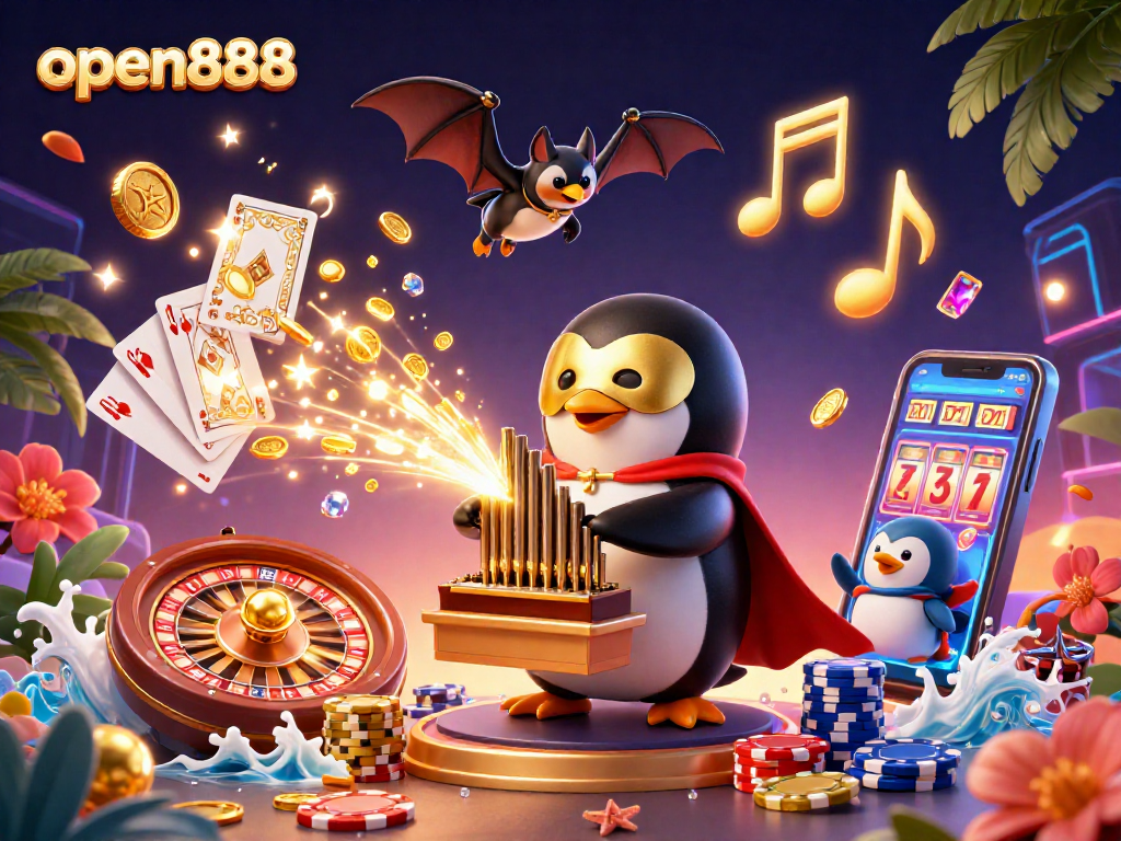 Experience excitement with open888 as a penguin plays the organ, unleashing coins in a lively casino scene.