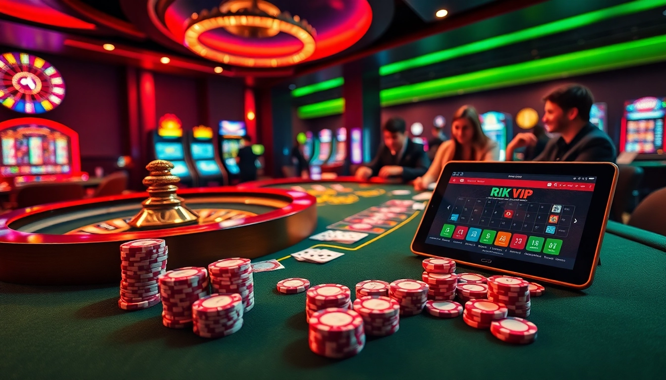 Experience the thrill of rik vip at an elegant casino table featuring poker chips and vibrant slot machines.