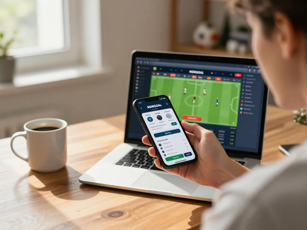 Engaged bettor using NOWGOAL app for sports betting at home, showcasing live odds.