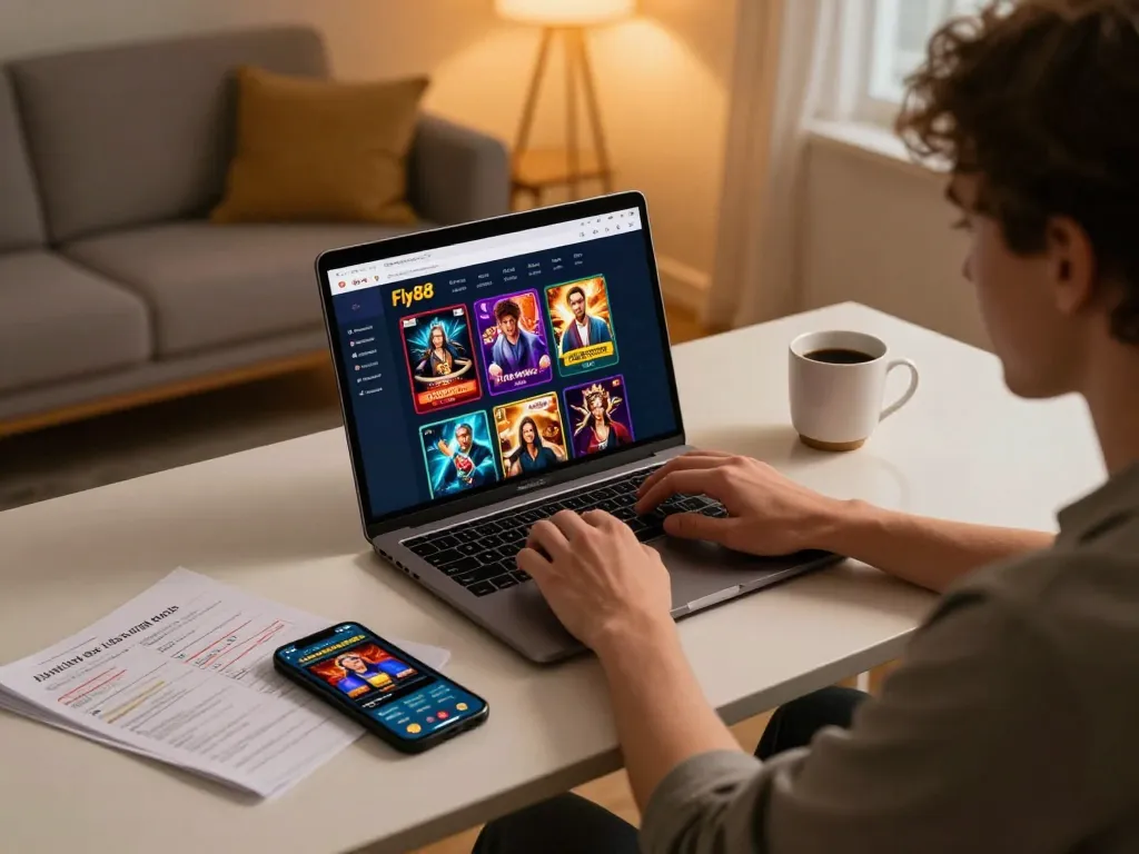 Engaging gaming experience using the Fly88 link on a laptop in a cozy home office setting.