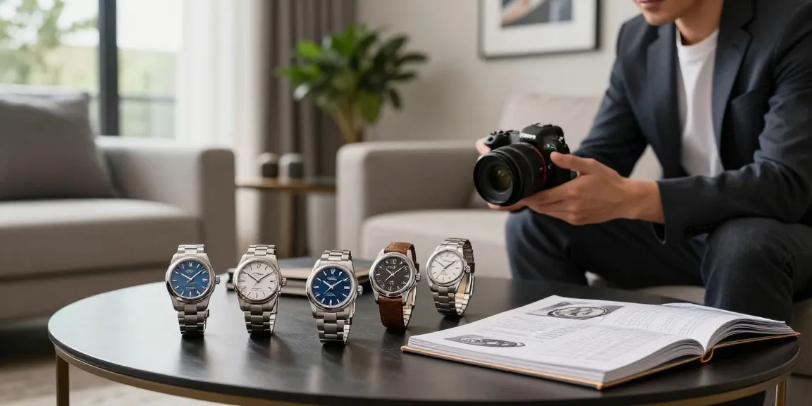 Explore luxury replica watches displayed in an elegant living room setting, highlighting their craftsmanship and sophistication.